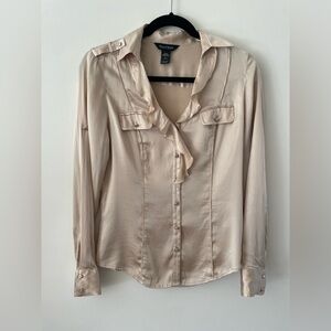 Champagne Silk 90s Chic Neutral Office Siren Silver Button Down Blouse Womens 4